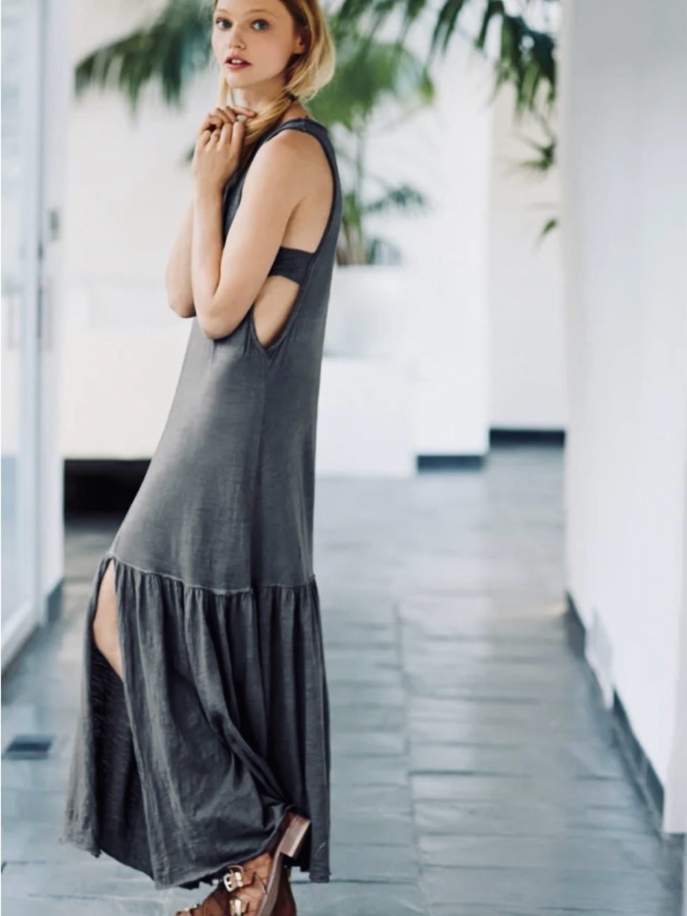 Free People Beach Ruffle Tierd Maxi Swing Dress Cotton Swim Cover Grey M